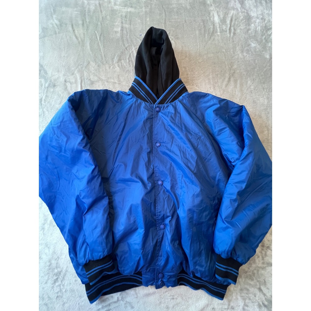 Cabelas Varsity Bomber Jacket Mens Large Blue Hooded Quilted Lined Nylon